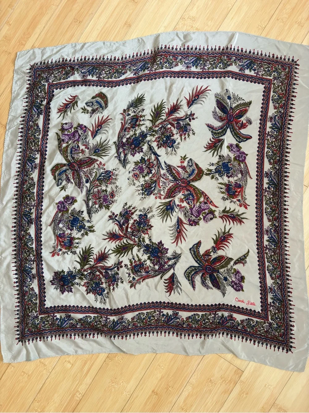 Carole Little Silk Cream Scarf with Multicolor Floral Paisley Print